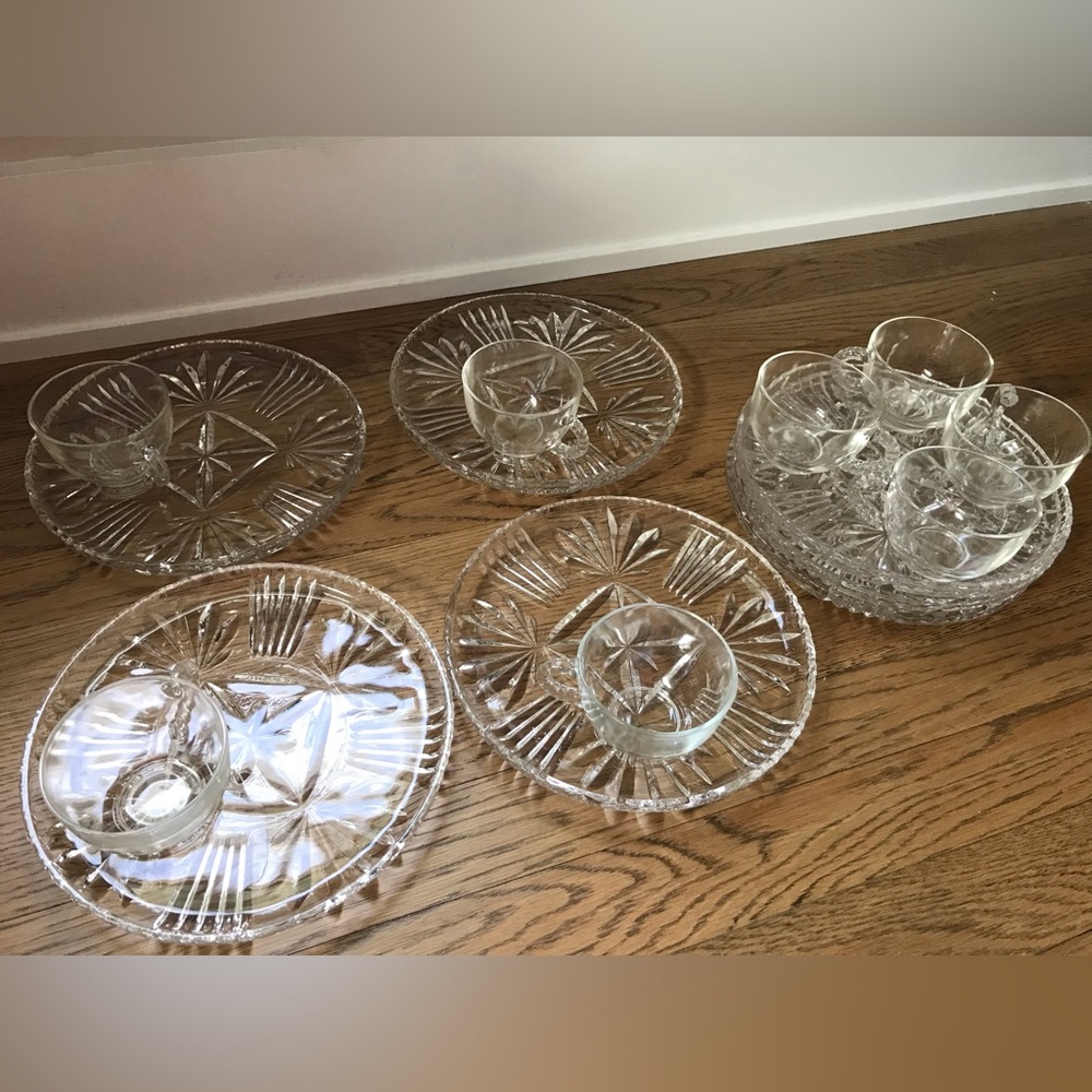 Vintage cut glass 8 set tea party plate and teacup set in EVC.